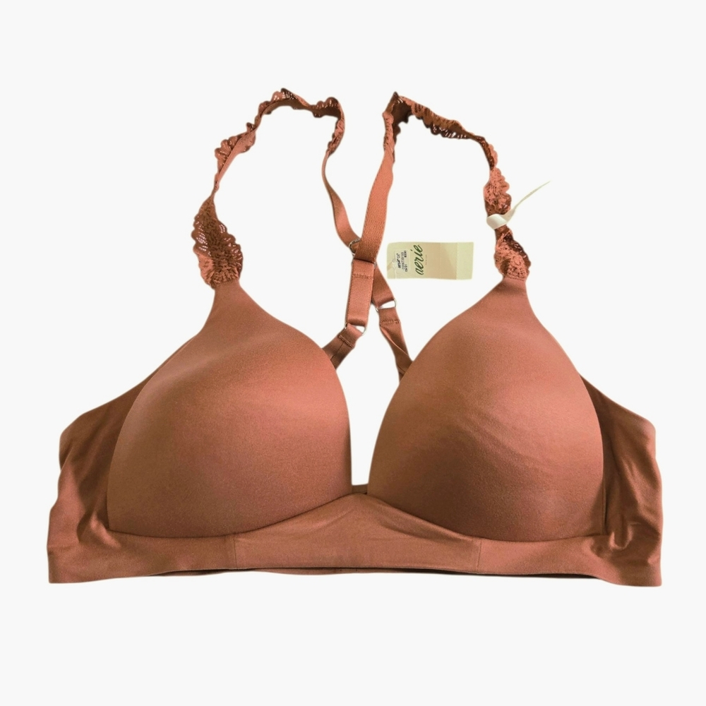 Aerie Real Sunnie Wireless Bra Blossom Lace Straps In Twilight Rust Brown 36B